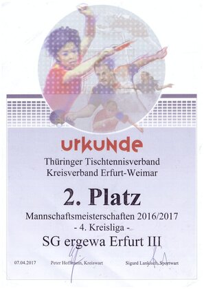 Urkunde: ergewa Erfurt III, 2. Platz 4. Kreisliga, Saison 2016/2017