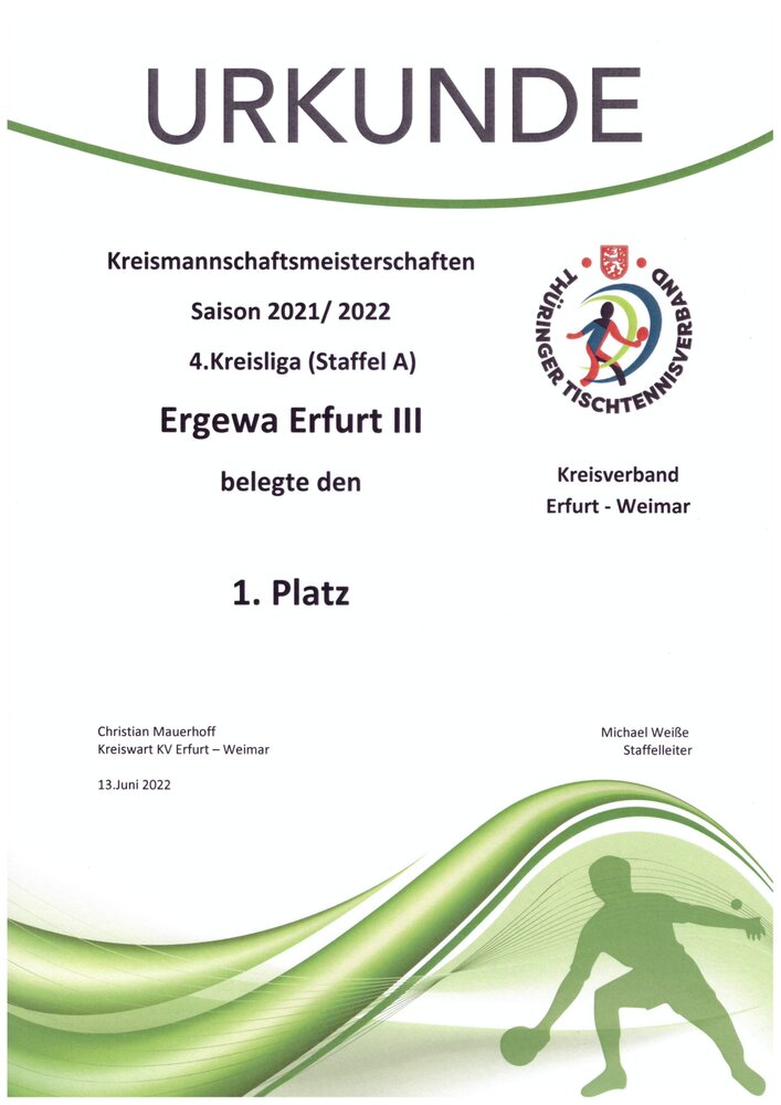 Urkunde: ergewa Erfurt III, 1. Platz 4. Kreisliga (Staffel A), Saison 2021/2022