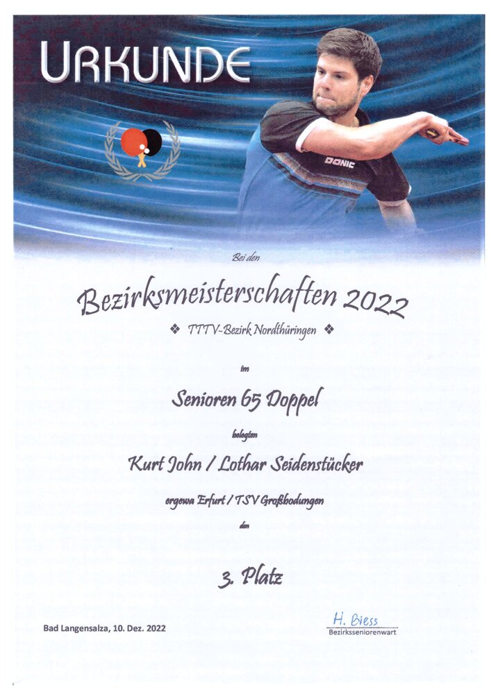 Urkunde: Bezirksmeisterschaften Senioren 65 Doppel, 3. Platz, Kurt John / Lothar Seidenstücker