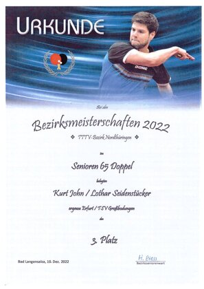 Urkunde: Bezirksmeisterschaften Senioren 65 Doppel, 3. Platz, Kurt John / Lothar Seidenstücker