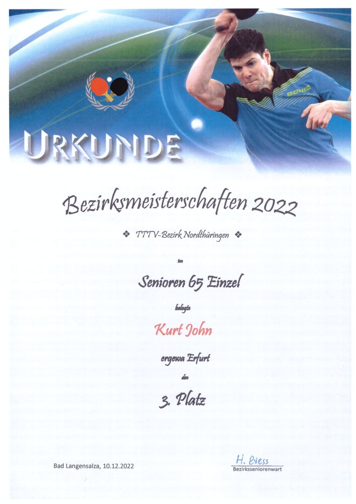 Urkunde: Bezirksmeisterschaften Senioren 65 Einzel, 3. Platz, Kurt John