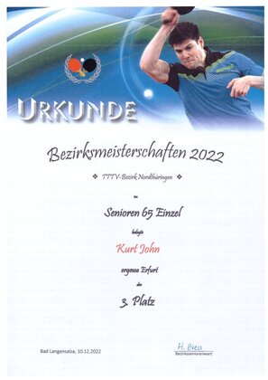 Urkunde: Bezirksmeisterschaften Senioren 65 Einzel, 3. Platz, Kurt John
