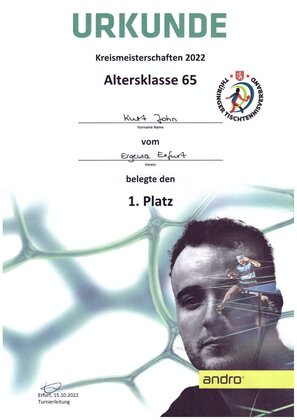 Urkunde: Kreismeisterschaften, Senioren 65 Einzel, 1. Platz, Kurt John