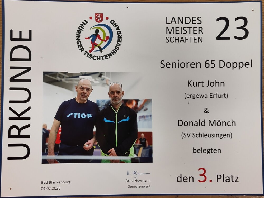 Urkunde: Senioren-Landesmeisterschaften Senioren 65 Doppel, 3. Platz, Kurt John / Donald Mönch