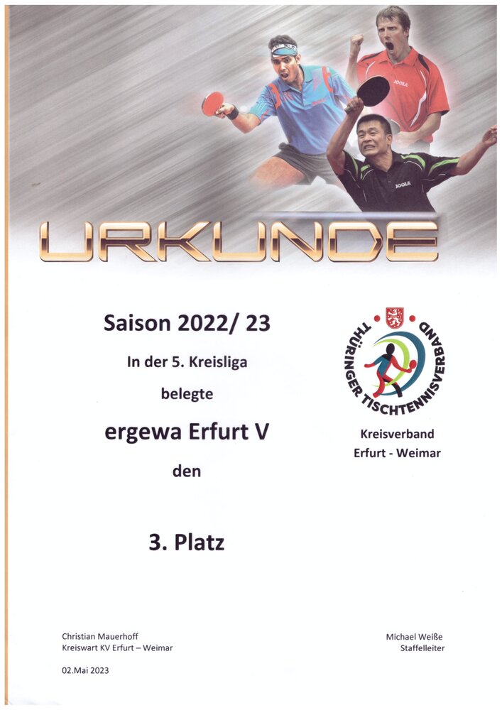 Urkunde: ergewa Erfurt V, 3. Platz 5. Kreisliga, Saison 2022/2023