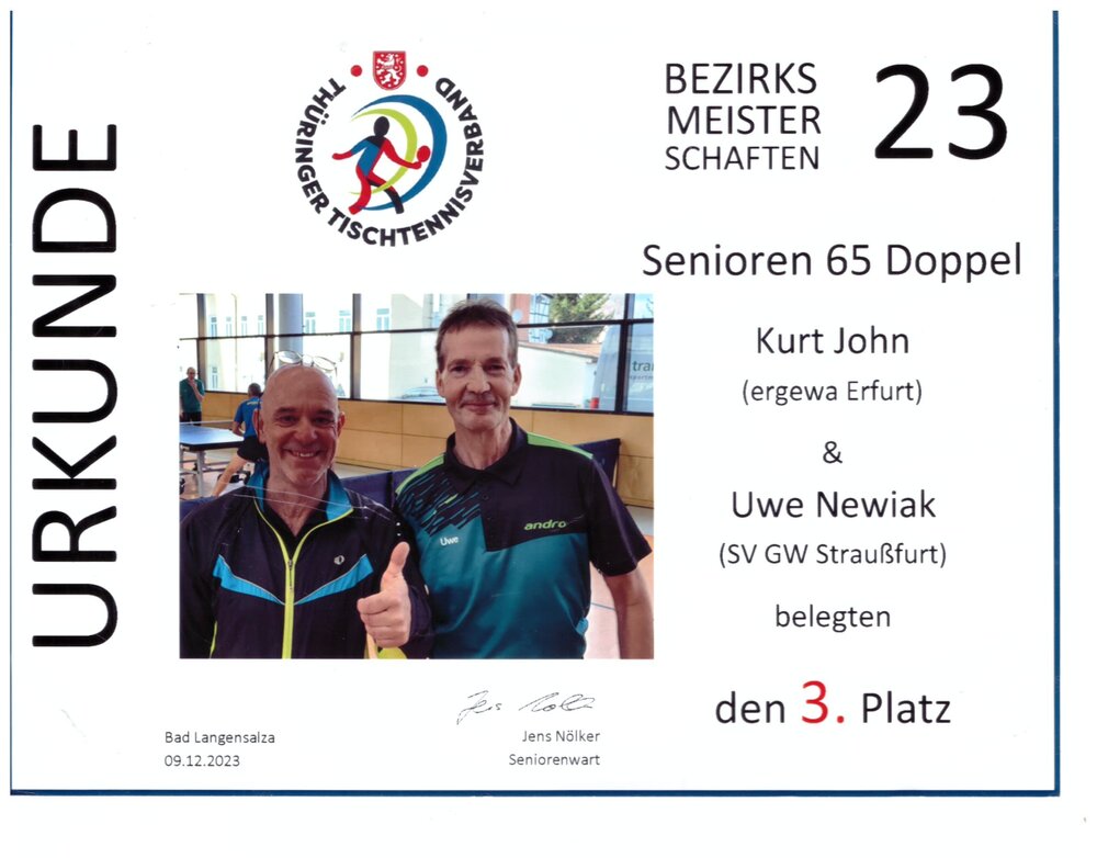 Urkunde: Bezirksmeisterschaften Senioren 65 Doppel, 3. Platz, Kurt John / Uwe Newiak