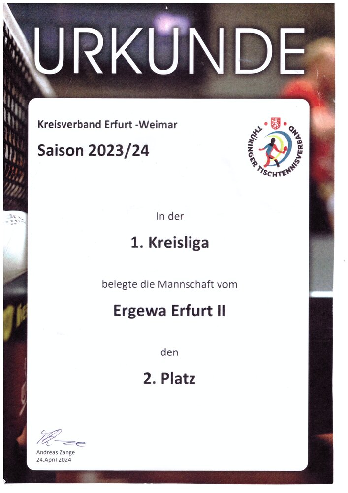 Urkunde: ergewa Erfurt I, 2. Platz 1. Kreisliga Erwachsene, Saison 2023/2024