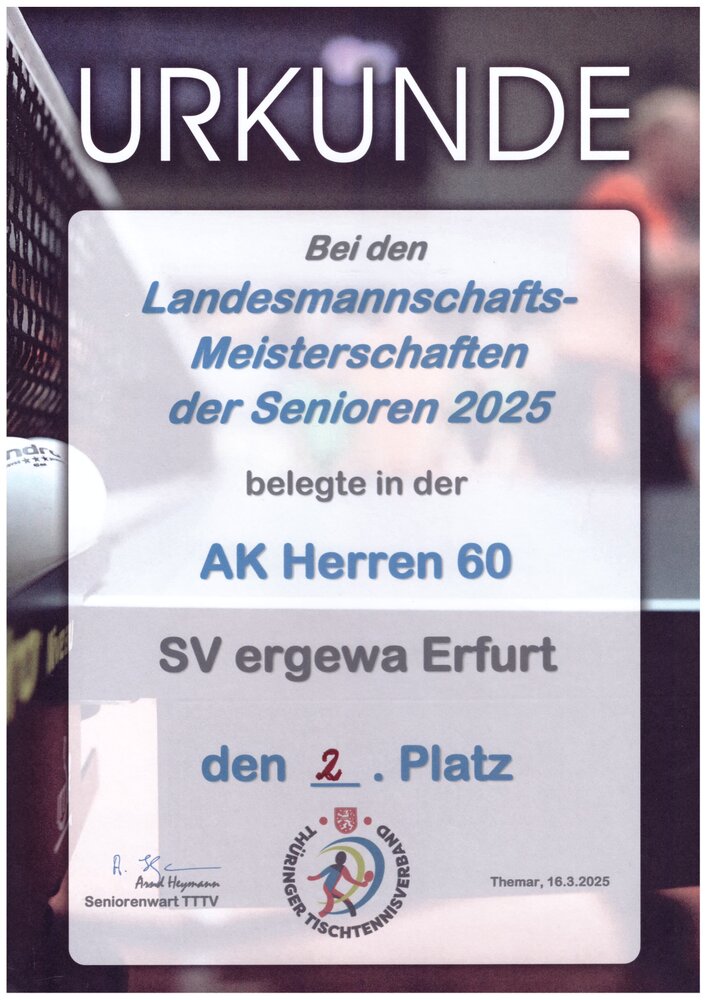 Urkunde: Landesmannschaftsmeisterschaften Senioren, Herren 60, 2. Platz