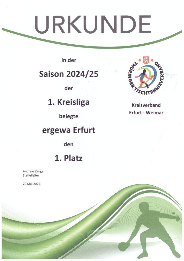 Urkunde: ergewa Erfurt I, 1. Platz 1. Kreisliga Erwachsene, Saison 2024/2025