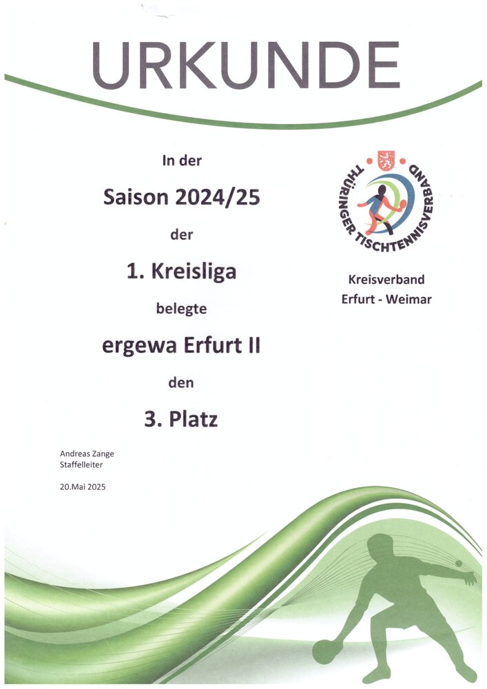 Urkunde: ergewa Erfurt II, 3. Platz 1. Kreisliga Erwachsene, Saison 2024/2025