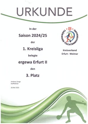 Urkunde: ergewa Erfurt II, 3. Platz 1. Kreisliga Erwachsene, Saison 2024/2025