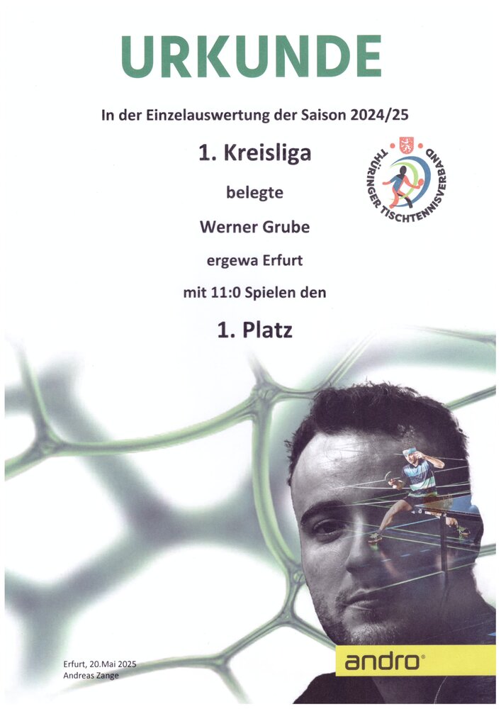 Urkunde: Einzelbestenliste 1. Kreisliga, 1. Platz, Werner Grube