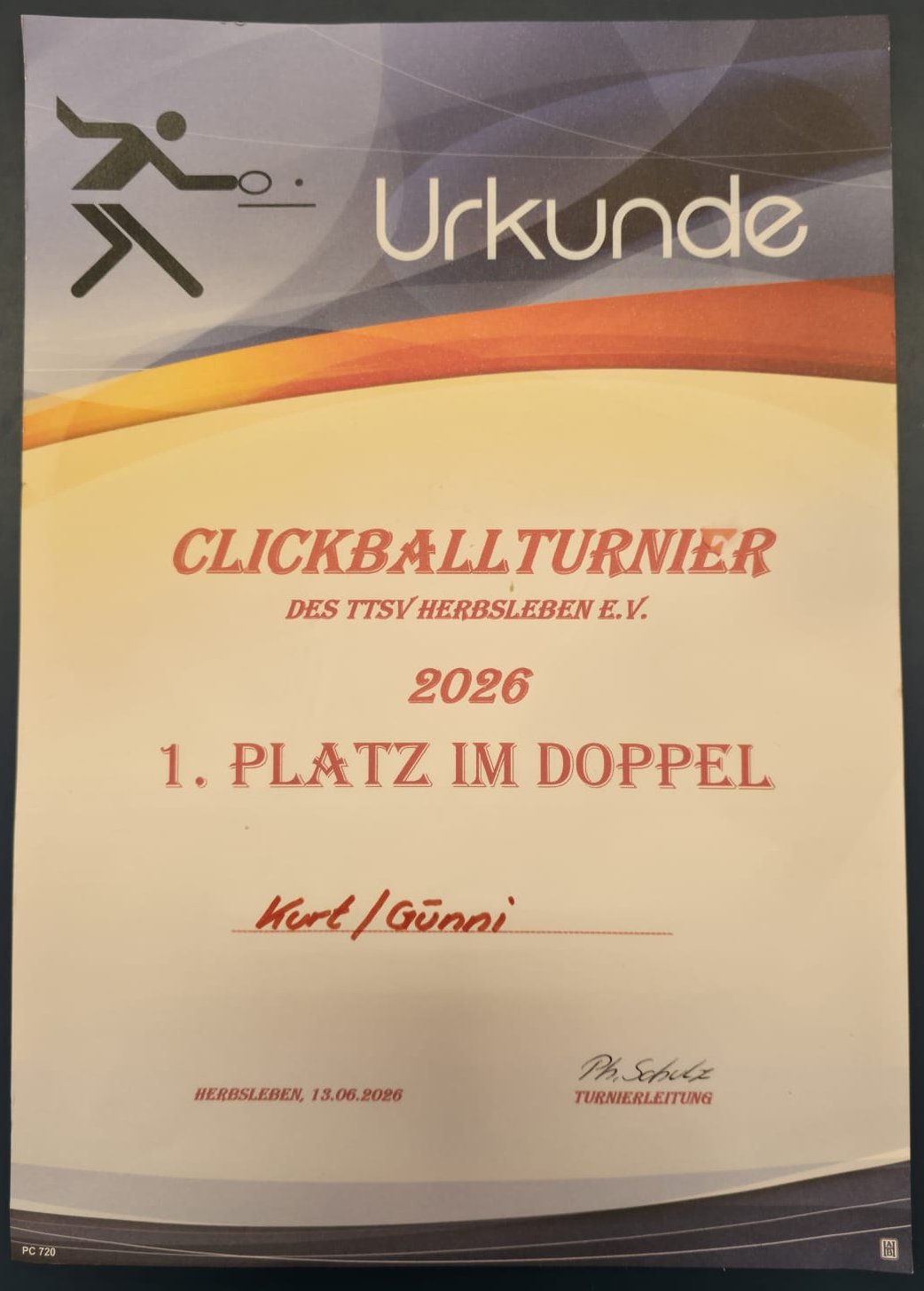 Urkunde: Clickballturnier Herbsleben 2026, 1. Platz Doppel, Kurt John