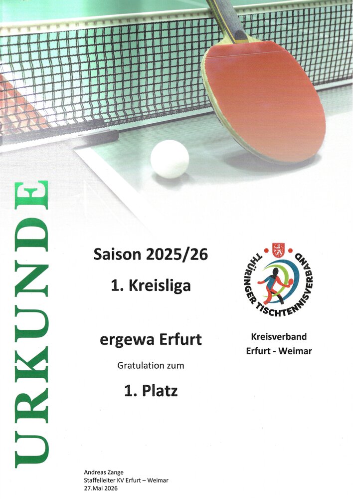 Urkunde: ergewa Erfurt I, 1. Platz 1. Kreisliga Erwachsene, Saison 2025/2026