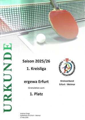 Urkunde: ergewa Erfurt I, 1. Platz 1. Kreisliga Erwachsene, Saison 2025/2026