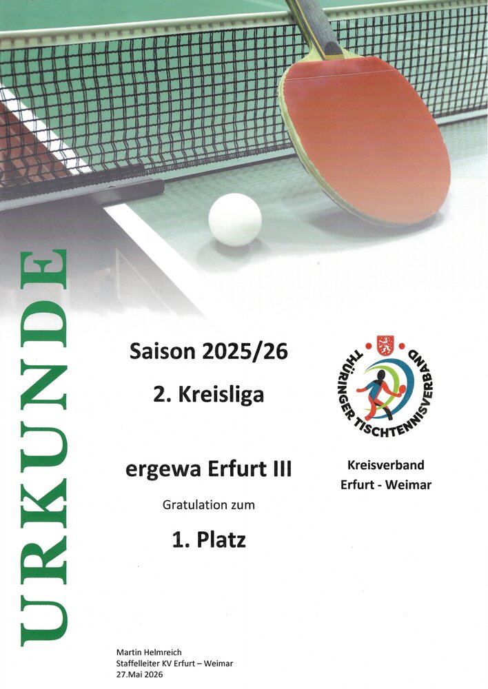 Urkunde: ergewa Erfurt III, 1. Platz 2. Kreisliga Erwachsene, Saison 2025/2026
